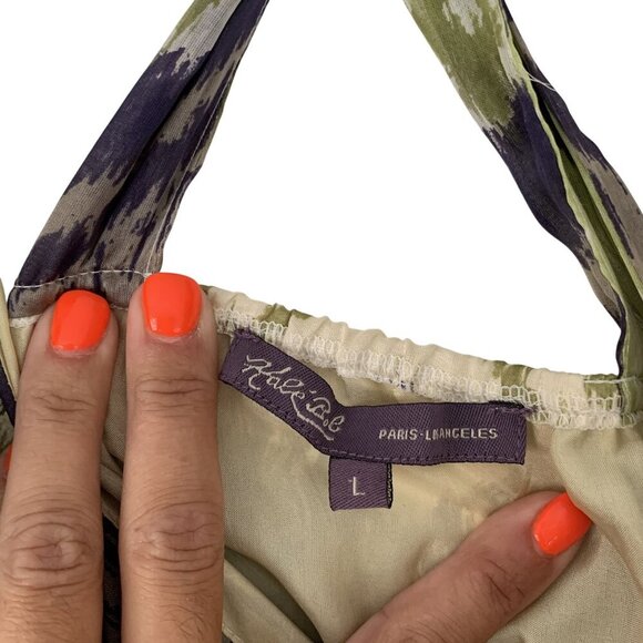 Hale Bob Green Purple Chevron Print Silk Maxi Dress Size L Ruffle Flowy Boho - Picture 3 of 9